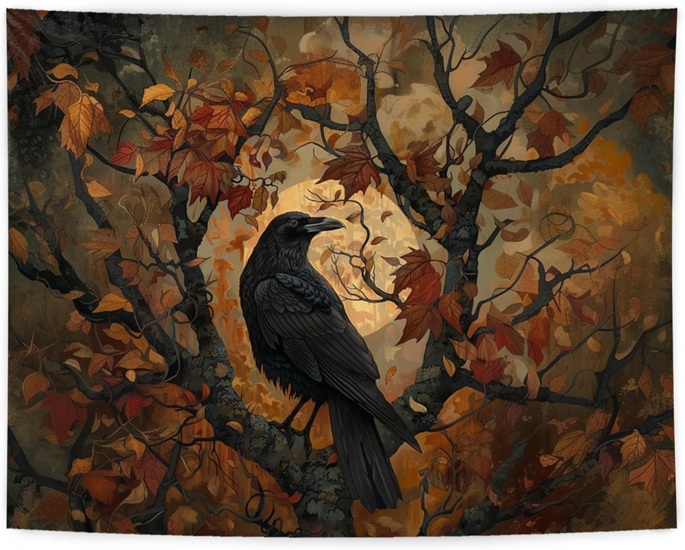 Halloween Gothic Tapestry, Halloween Black Raven Tapestry Wall Hanging, Dark Aca