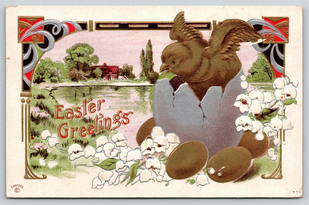 Easter Greetings~Chick Hatching From Egg & Lake Scene~PM 1912~Emb~Vtg Postcard