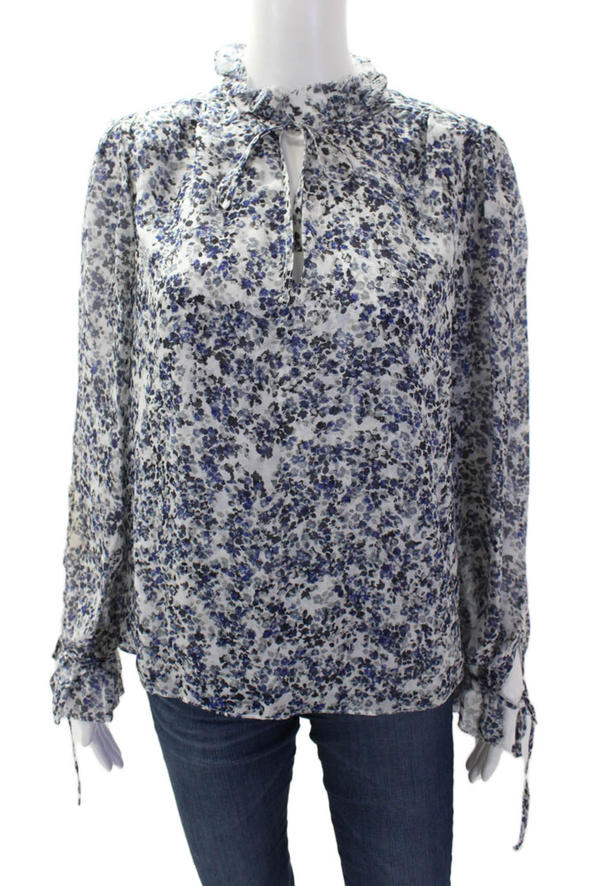 Intermix Women's Long Sleeves Ruffle Round Neck Spotted Dot Silk Blouse Size MFree Shipping in US $100+ Orders | $6.95 Orders Below