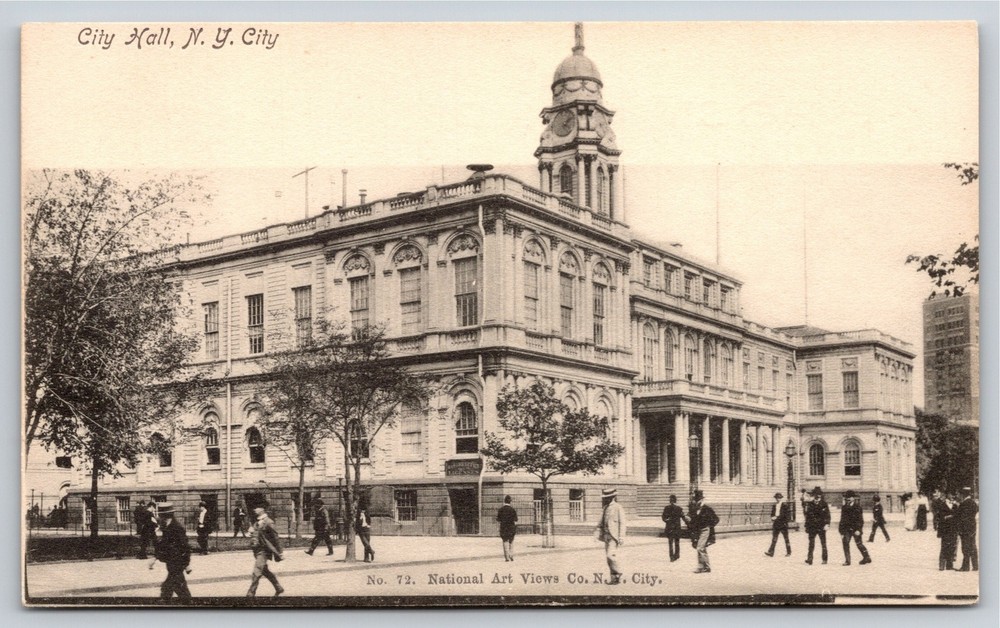New York~Street View Of City Hall Bldg~B&W Photo~Natl Art Views Vintage Postcard