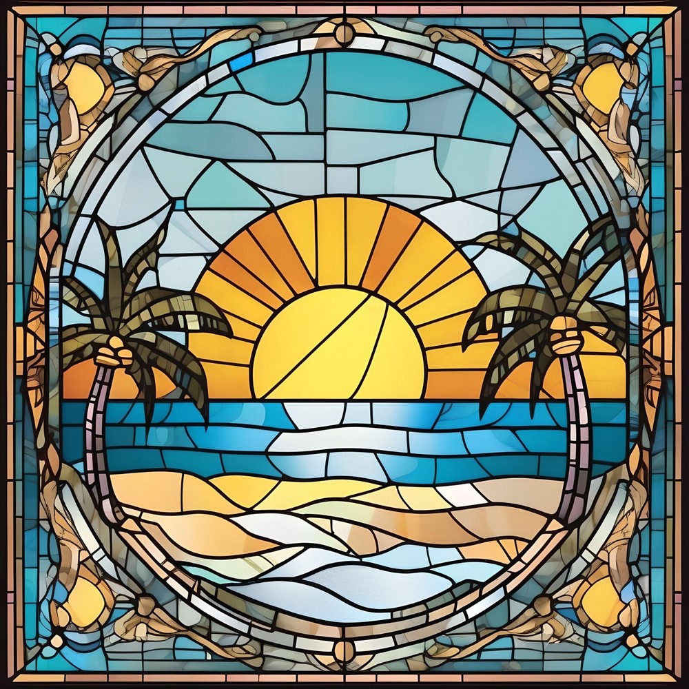 5D Two Palm Tree Sunset Abstract Diamond Painting Kit-image