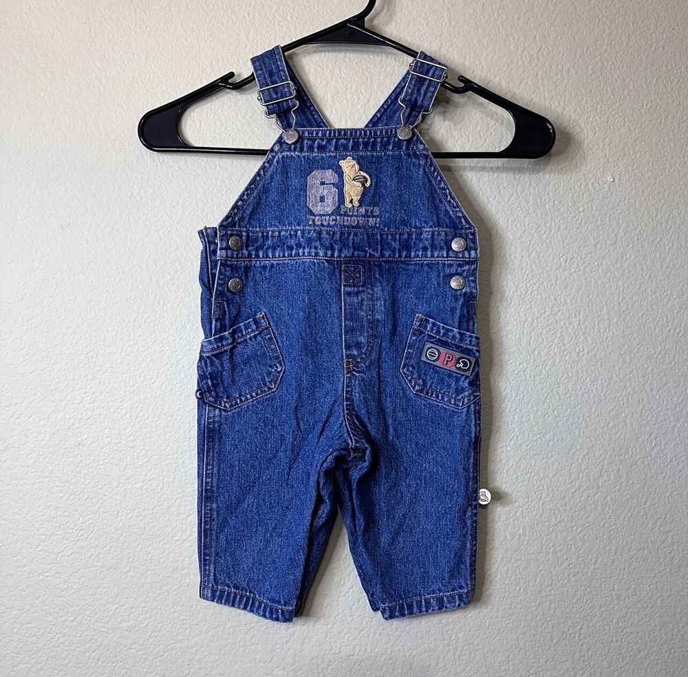 Vintage Denim Blue Jeans Winnie the Pooh Football Embroidered Baby Overalls 3-6