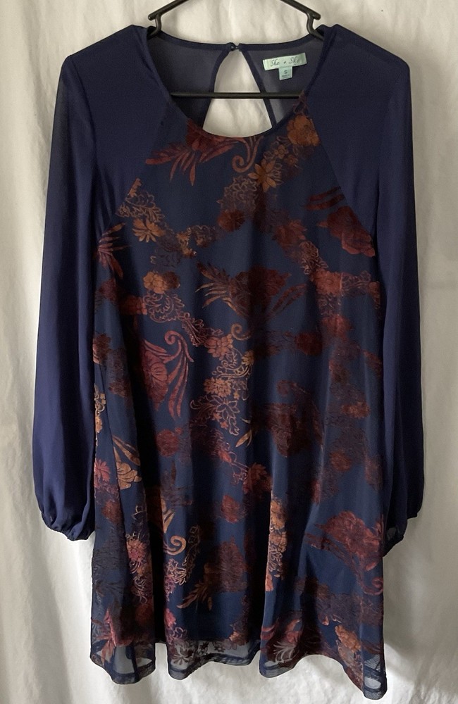 she And sky Mini Dress Silk Floral Sheer Overlay Small Boho Long Sleeve Bohemian