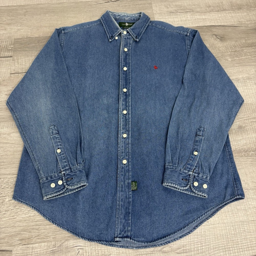 Vintage 90s Hunt Club Blue Denim Long Sleeve Button Up Mens Large