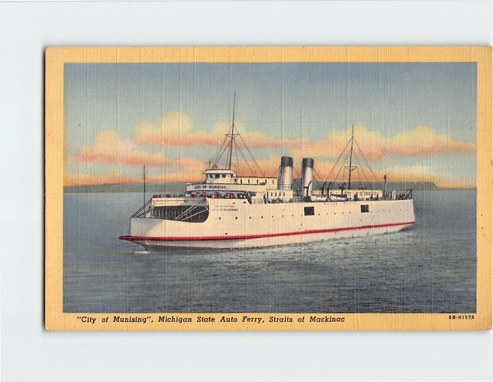 Postcard City of Munising Michigan State Auto Ferry Straits of Mackinac MI USA