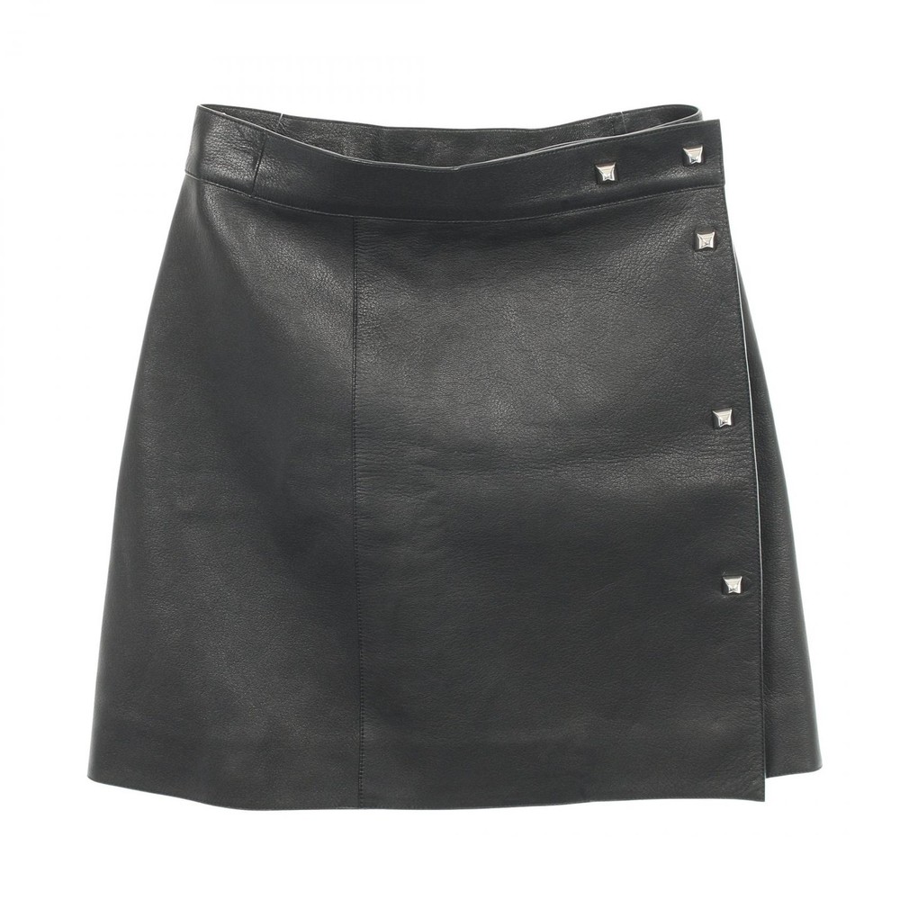 HERMES Mini Skirt #34 leather viscose Black Studs Used Women
