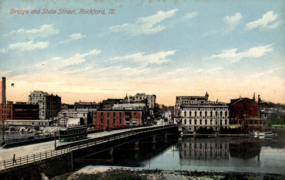 C1910 Bridge and State Street Rockford Illinois Litho Trolley Streetcar Postcard