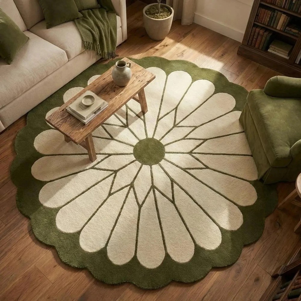 Green Daisy Flower Rug: Botanical Hand Tufted Wool Carpet 8x8 Round
