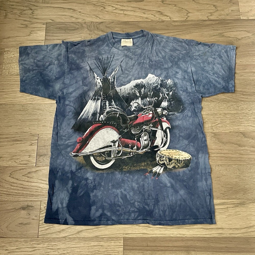 Vintage The Mountain Mens XL Blue Tie Dye Motorcycle Graphic T-Shirt