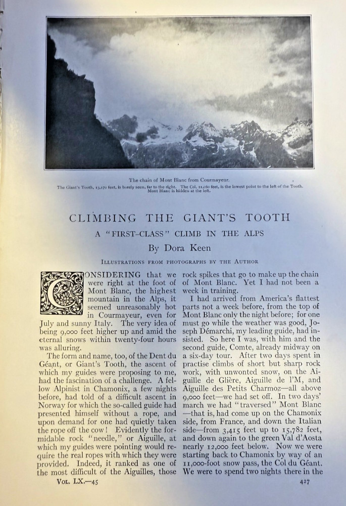 1916 Dora Keen Climbing the Giant's Tooth Mont Blanc Alps illustrated