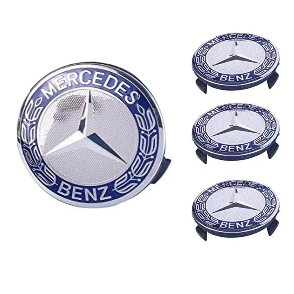 SET OF 4 Classic Blue Silver Mercedes-Benz 75MM Wheel Rims Center Hub Caps AMG