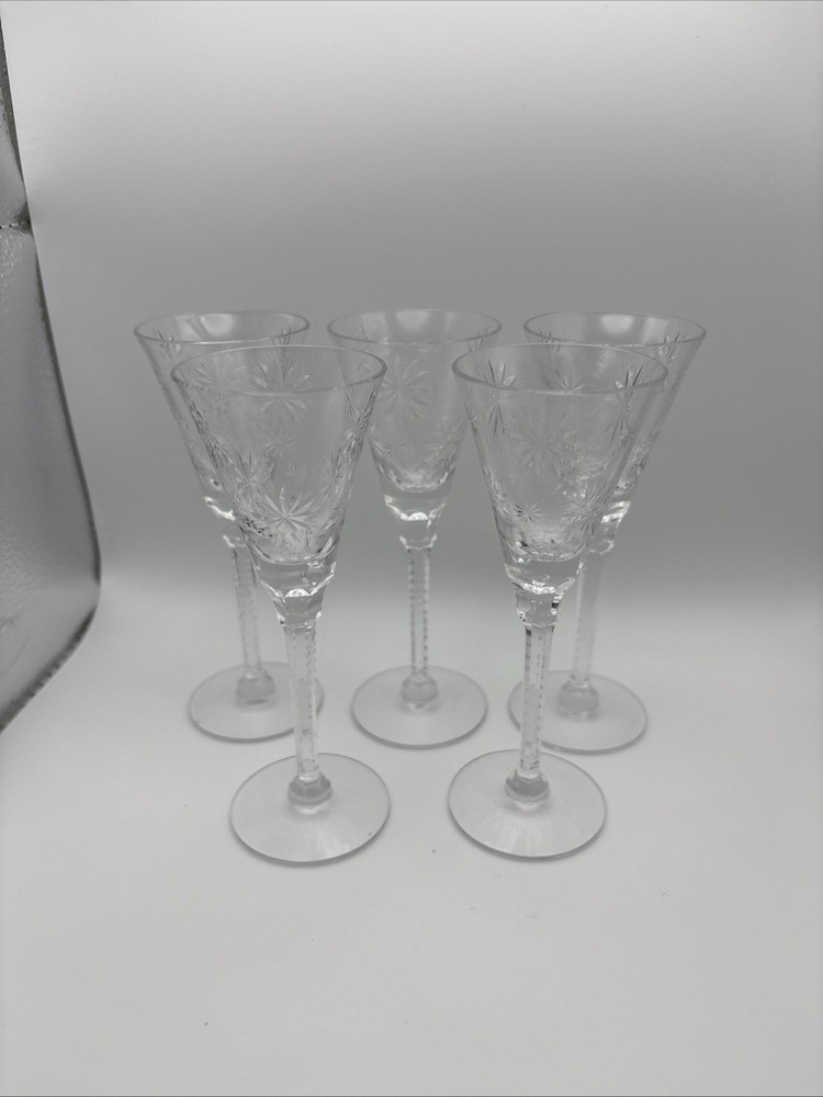 Lead Crystal Vintage Cordial Glasses Cut Starburst Pattern - Set of 5