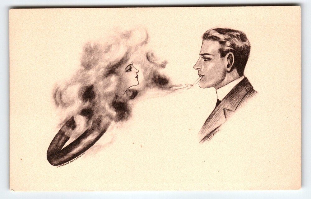 Fantasy Art Postcard: Woman’s Face Emerges from Cigarette Smoke Cloud by Cobb Shinn