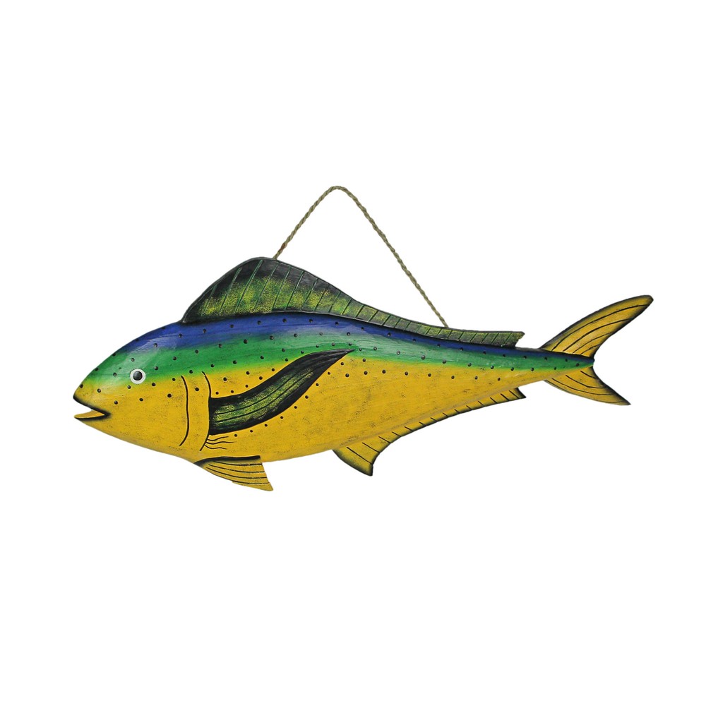 32 Inch Hand Carved Wooden Mahi Mahi Sculpture Decorative Wall Hanging Fish Art