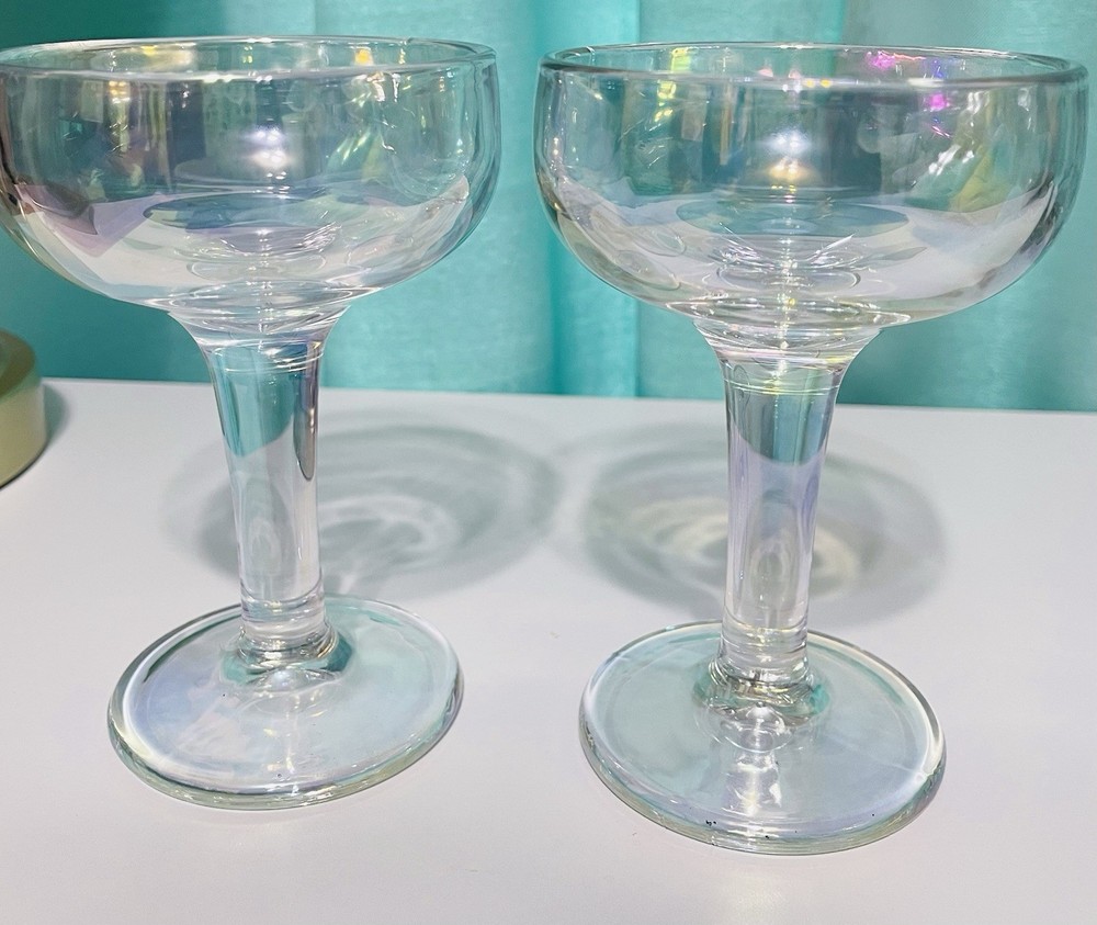 Vintage Short Stem Heavy Iridescent Glass Champagne Coupes Set of 2