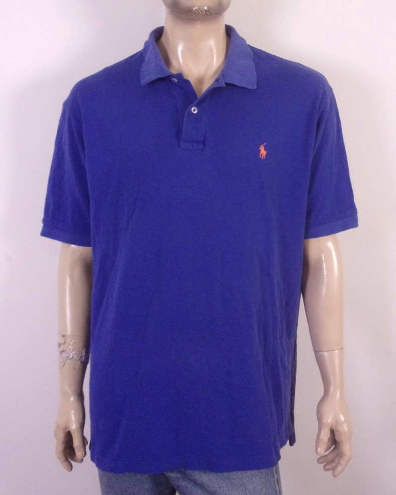 vintage 90s Polo Ralph Lauren Blue Pique Polo Shirt Orange Pony SZ XL