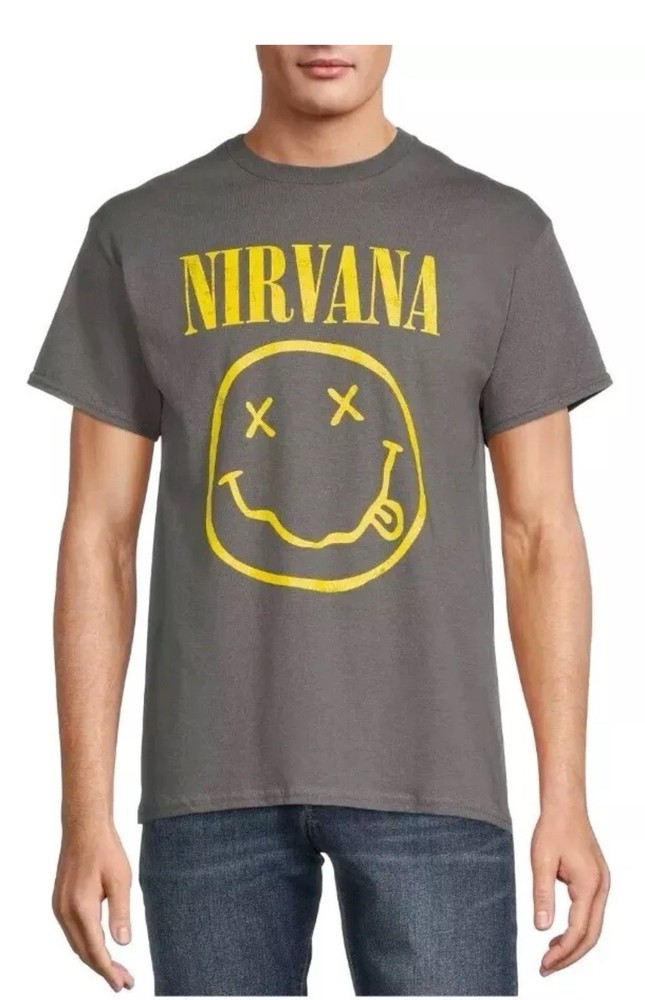Nirvana Men's Smiley Logo Graphic T Shirt Charcoal Grey with Yellow 3xl
