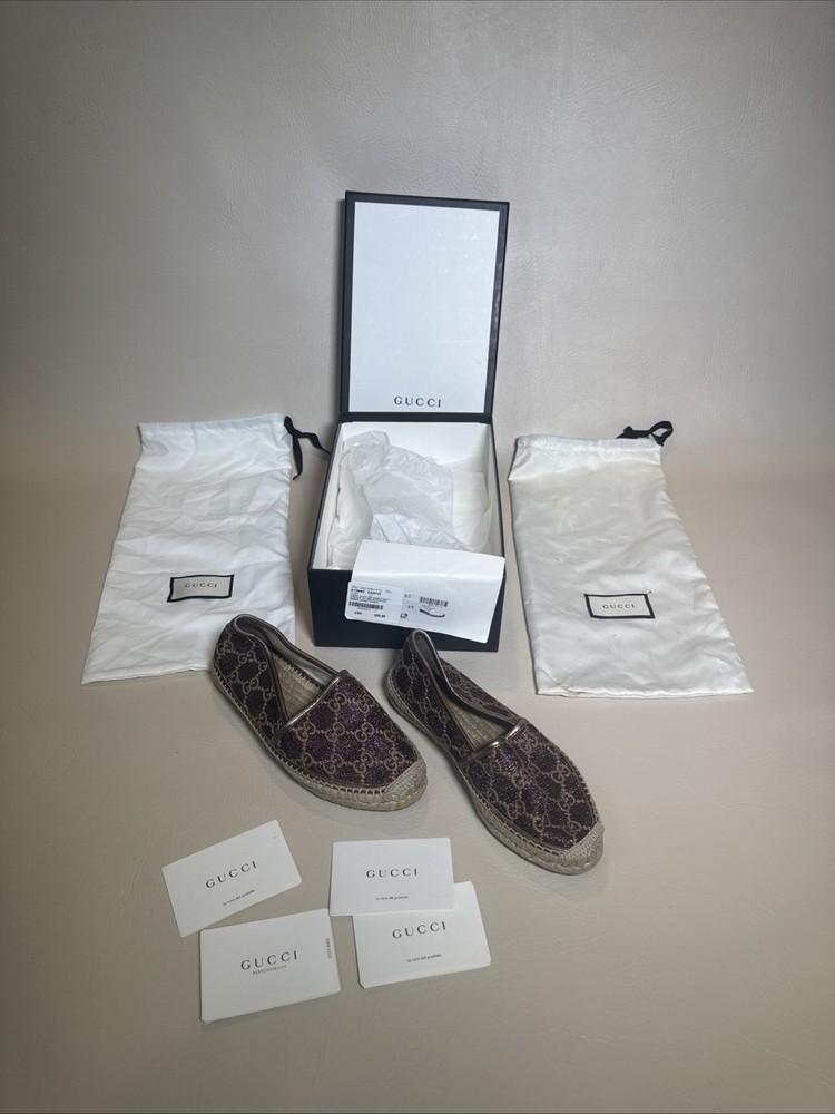 GUCCI SHOES HERITAGE GG LOGO LUREX ESPADRILLE LOAFERS FLATS Size 37