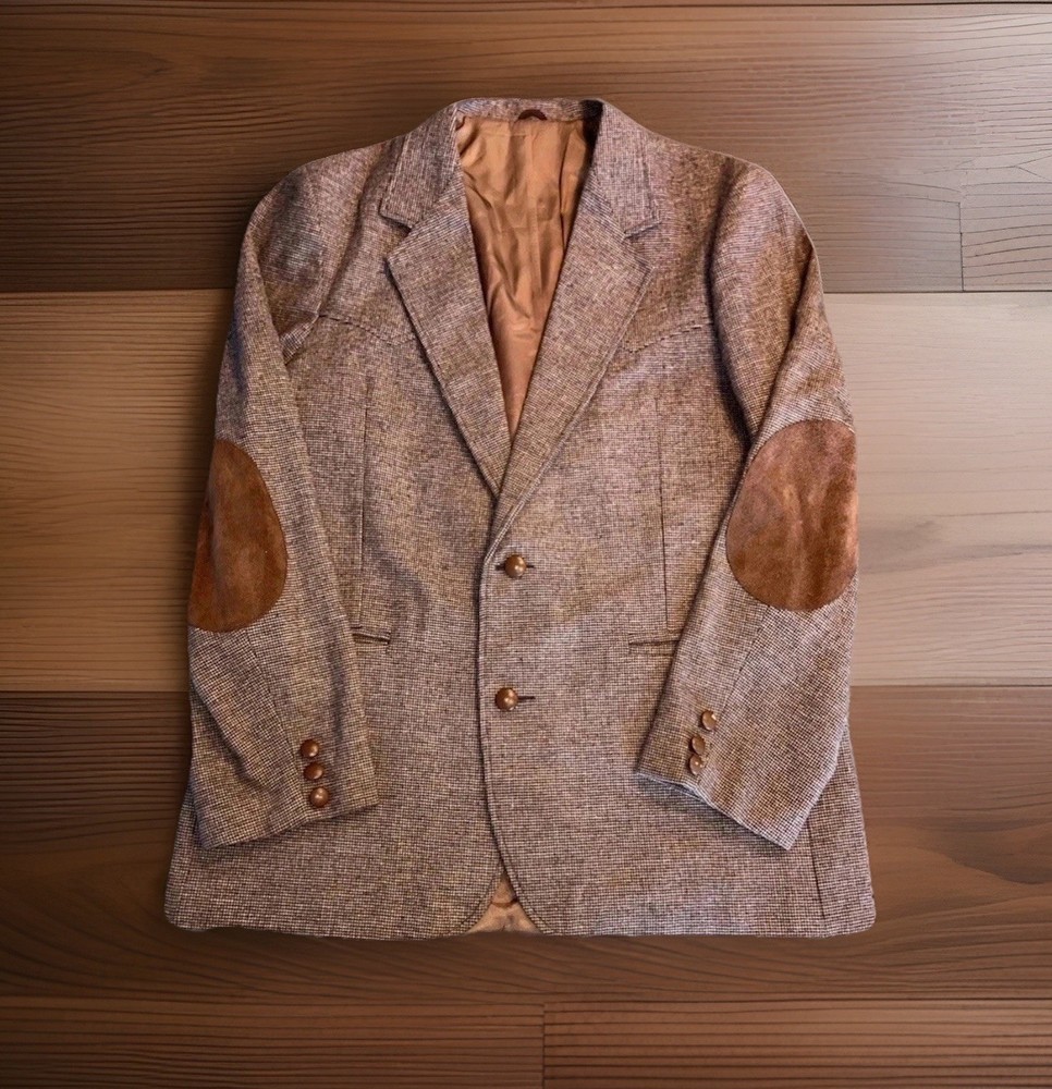 VTG Western Blazer Men’s 44R Brown Wool Tweed Suede Elbow Patches Yoke Cowboy