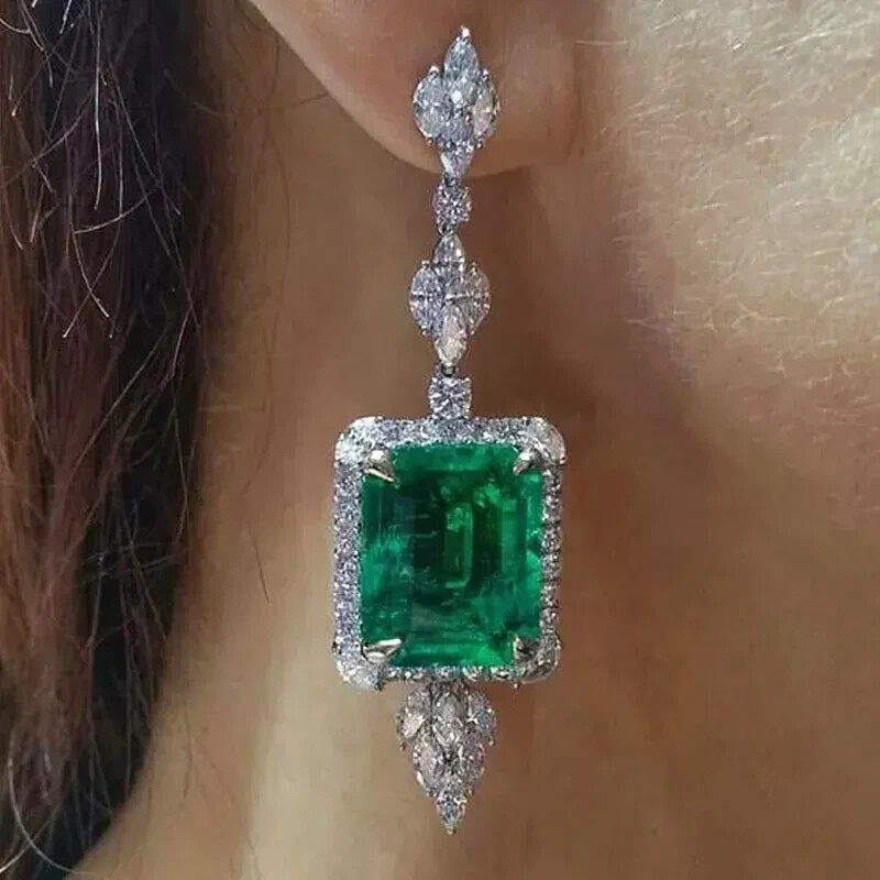 Art Deco Style Green Emerald Lab Created Diamond 14K White Gold FN Gift Earrings