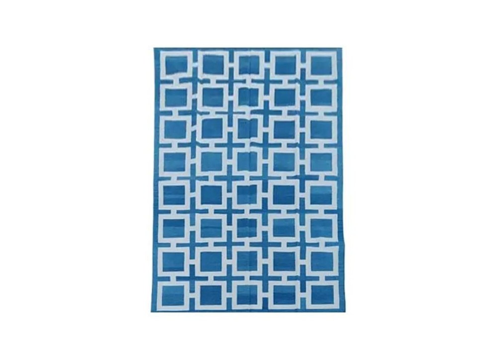 Hand Knotted Cotton Dhurrie Rug Color Blue and White Handmade Design Carpet Rug