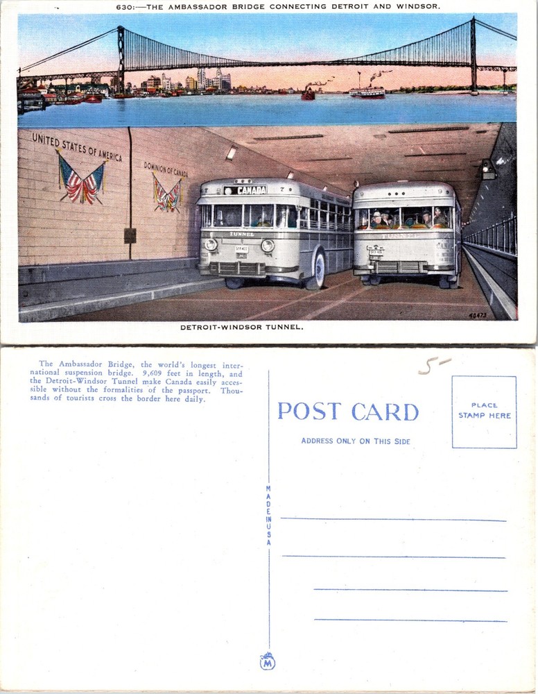 Ambassador Bridge Detroit Windsor Tunnel Michigan MI Postcard