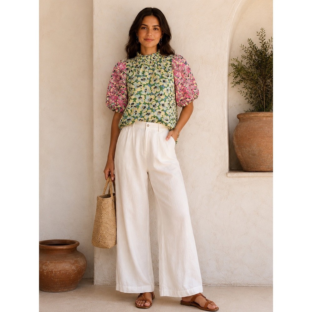 THML Floral Puff Sleeve Embroidered Blouse Cottagecore Boho Romantic Top