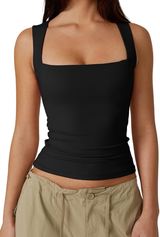 QINSEN Women's Square Neck Sleeveless Double-Layer Tank Tops Basic Tight Sz L