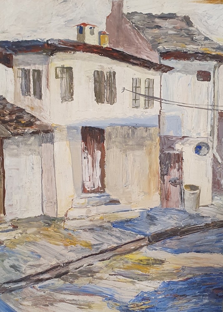 Vintage impressionist cityscape gouache painting