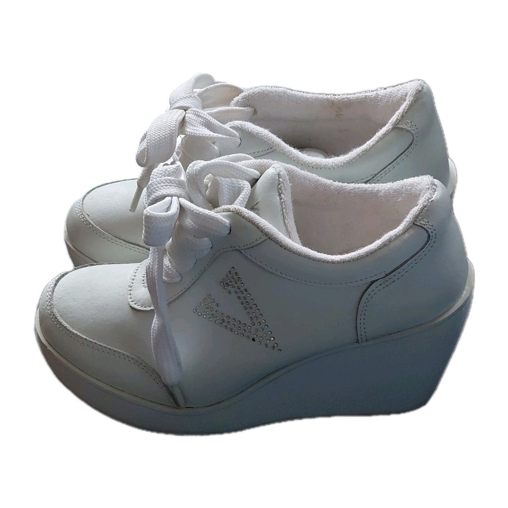 Volatile White Leather Wedge Sneakers Rhinestone Women's Size 7 Y2K 90s 2000s