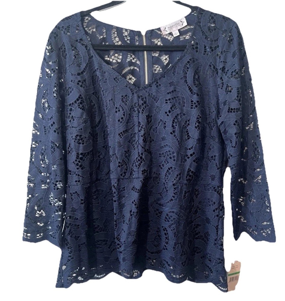Nanette Lepore Blouse Lace Women L 3/4 Sleeve Zip Navy Lined Fitted Party New