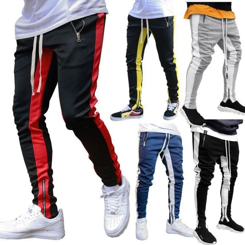 Mens Slim Fit Zipper Casual Jogger Track Pants Sweatpants Gym Activewear Striped