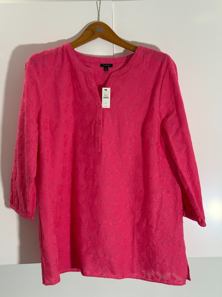 Talbots XL Fuchsia Pineapple Embroidered Cotton Henley 3/4 Sleeve Top NWT