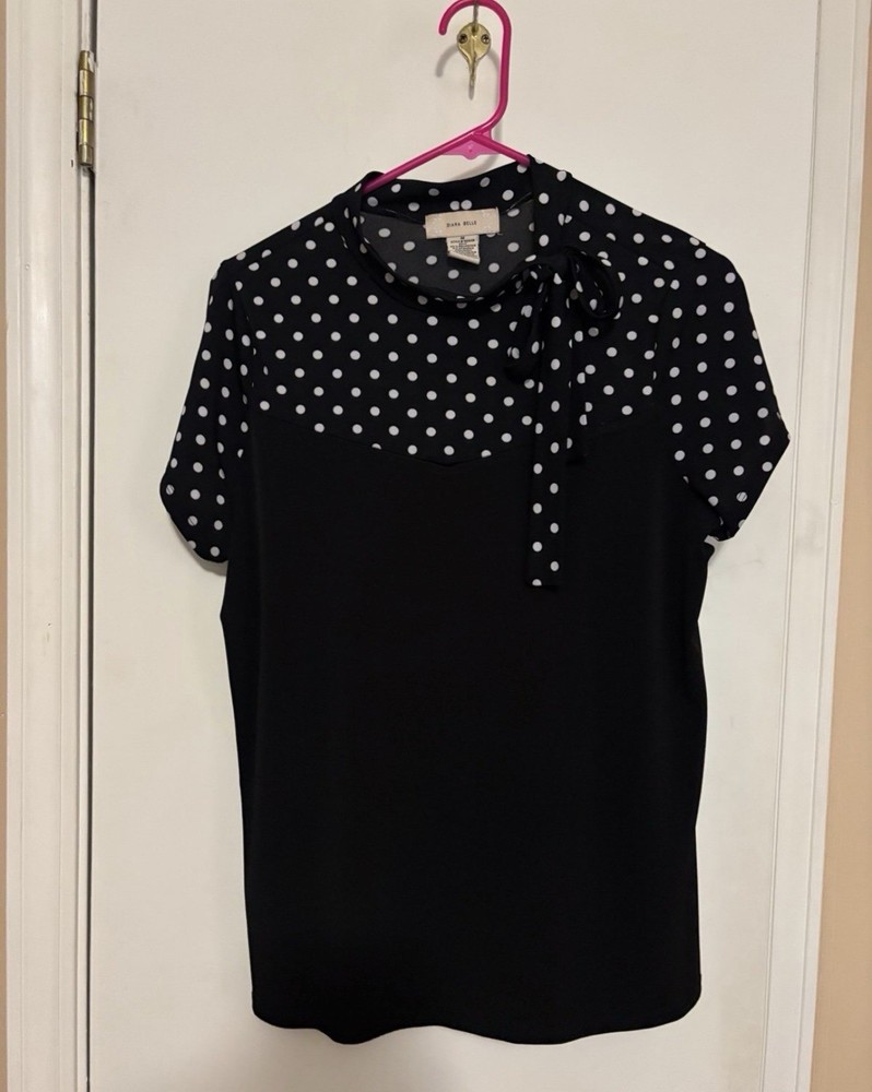 Diane Belle Blouse Size Medium Black and White Polka Dot