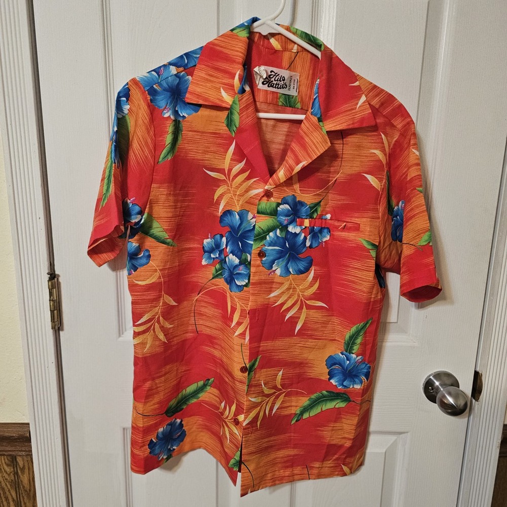 Hilo Hattie Mens 70s Hawaiian Vtg Coral Floral Pocket Shirt Made In USA Sz Med