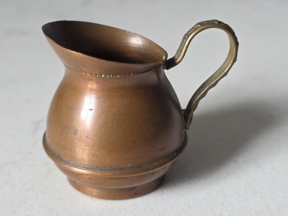 Vintage Copper Handmade Miniature Pitcher with Ornate Brass Handle