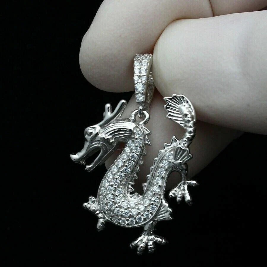 1Ct Lab-Created Dragon Diamond Pendant in 14K White Gold Plated Silver with Free Chain