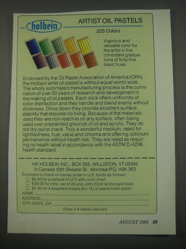 1991 HK Holbein Artist Oil Pastels Ad - Vigorous and versatile