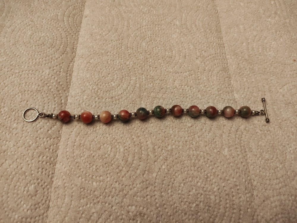 Jasper Semiprecious Stone & Pearls 925 Silver Toggle Bracelet 7