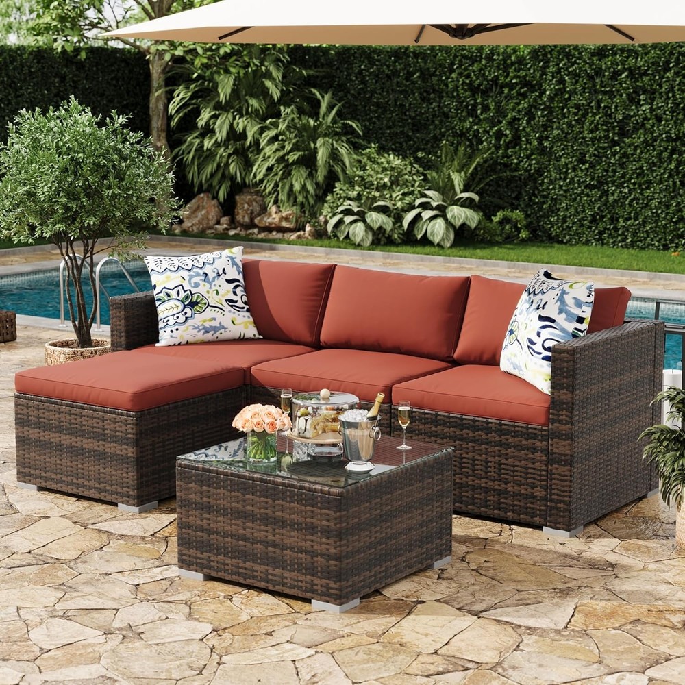 5-Piece Outdoor Sectional Sofa Set PE Rattan Patio Furniture with Ottoman Table