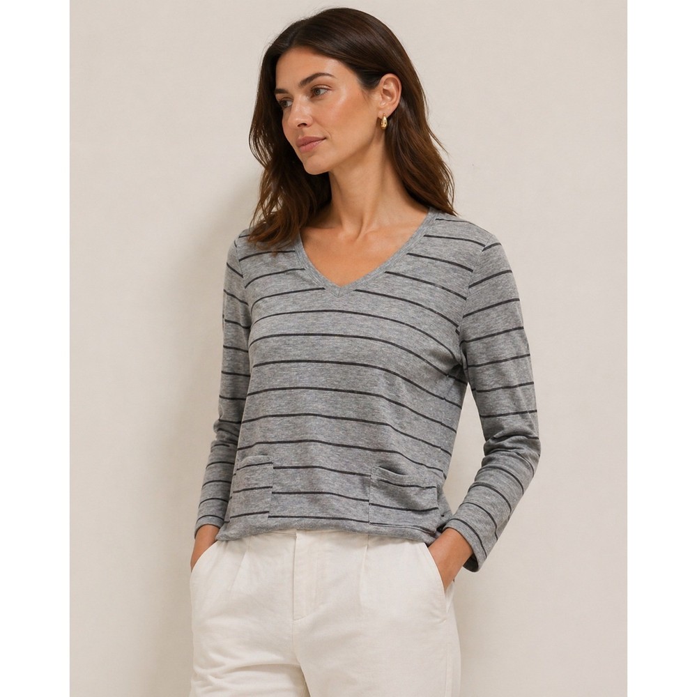 J. Jill Pure Jill Gray Striped V-Neck Tunic Top Long Sleeve Pockets Small Petite
