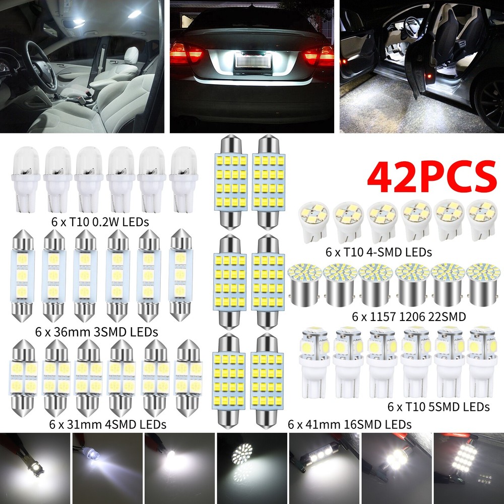 42-Piece Car Interior LED Light Kit for Map Dome Door Trunk License Plate in White