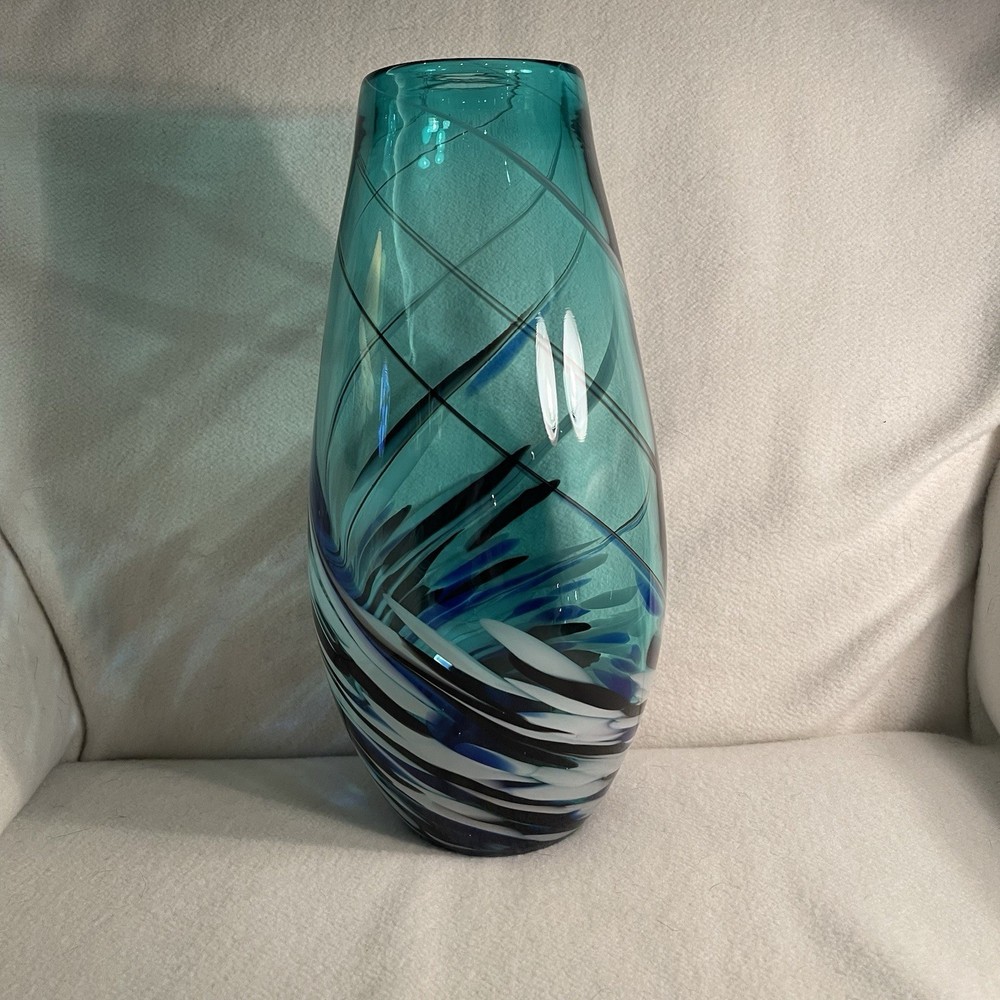 Handblown Blue Art Glass Vase W/ Black White Blue Swirl Pattern