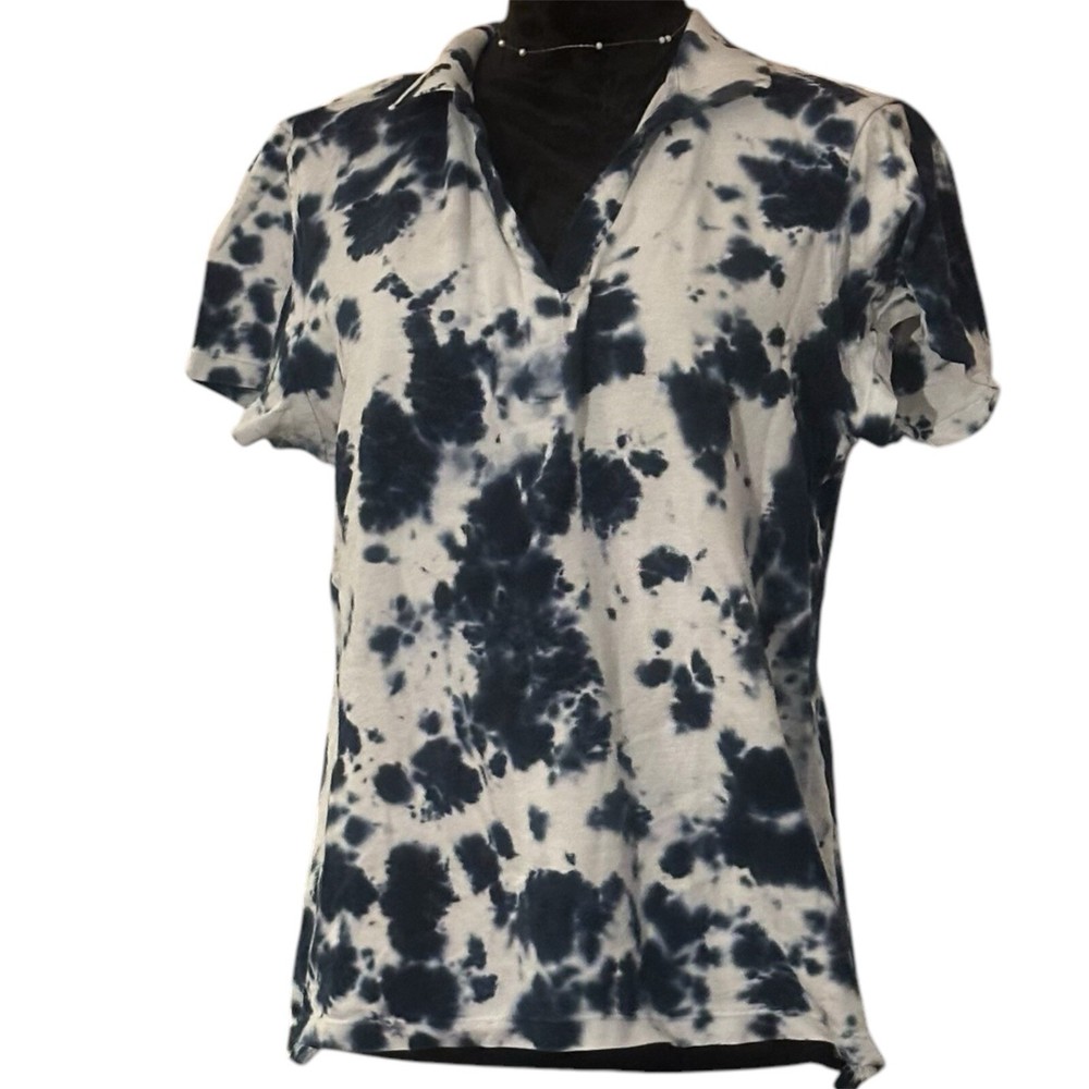 Calvin Klein Womens Blue White Tie Dye Short Sleeve Polo Shirt Size Large
