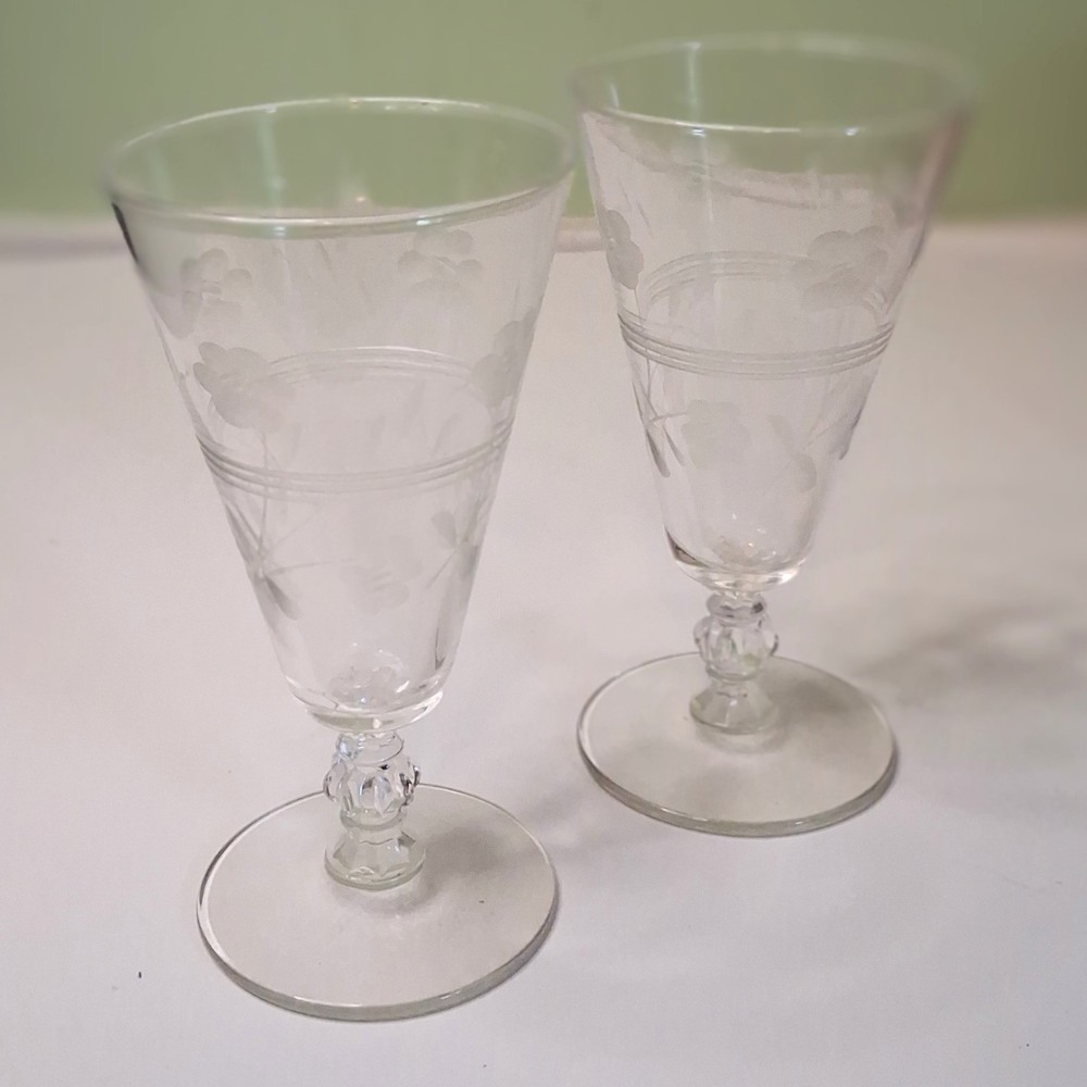 Vintage Etched Floral Wine Goblets Clear Glass Elegant Stemware Set of 2