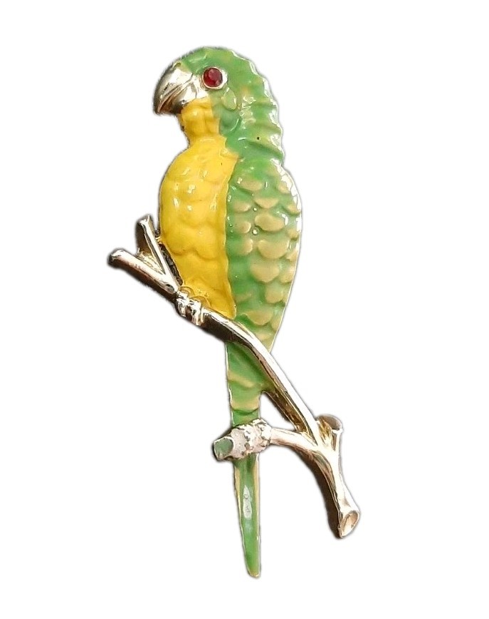 Vintage Brooch Pin Parrot Bird Green Yellow Enamel Gold Tone Red Crystal Eye