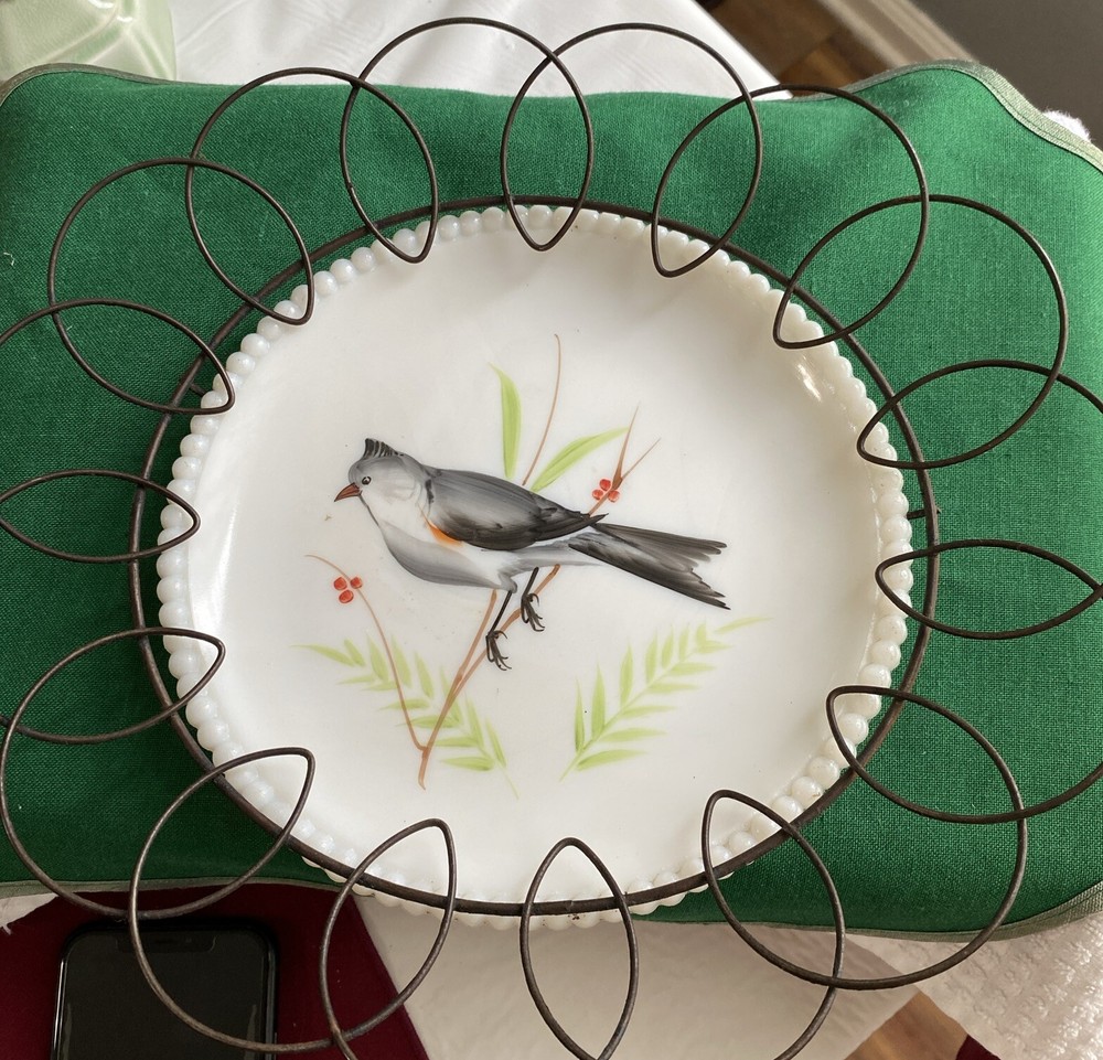 Vintage -Westmoreland -Milk Glass Plate -Beaded Edge -Grey Songbird -Handpainted
