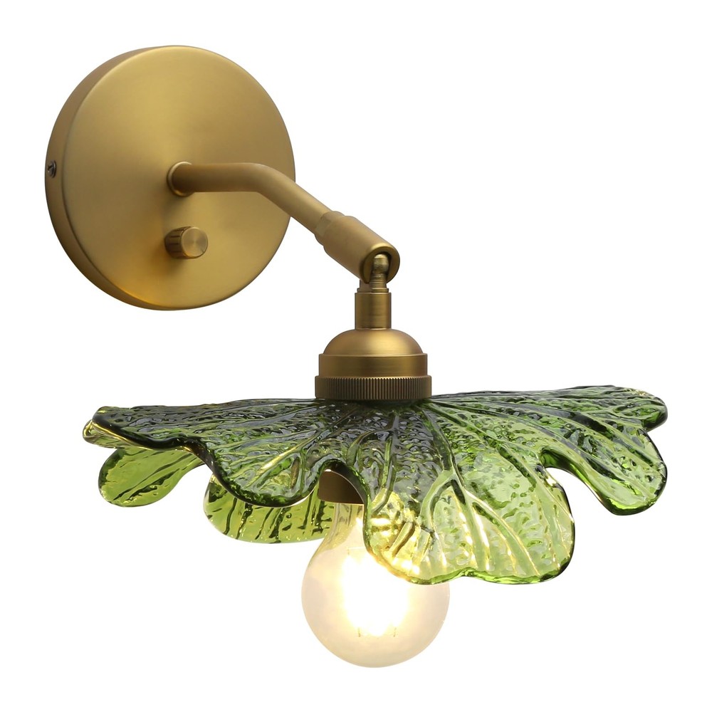 1-Light Brass Glass Vanity Wall Sconce with Green Flower Shade, Vintage Indus...