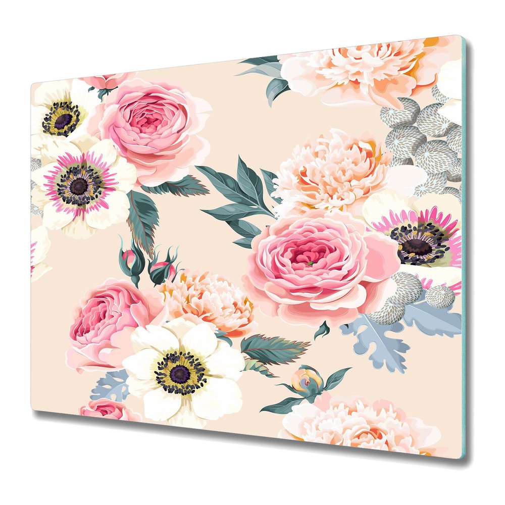 Glass Induction Ceramic Hob Cover Pastel Flowers | Lovely Botanical | 60x52
