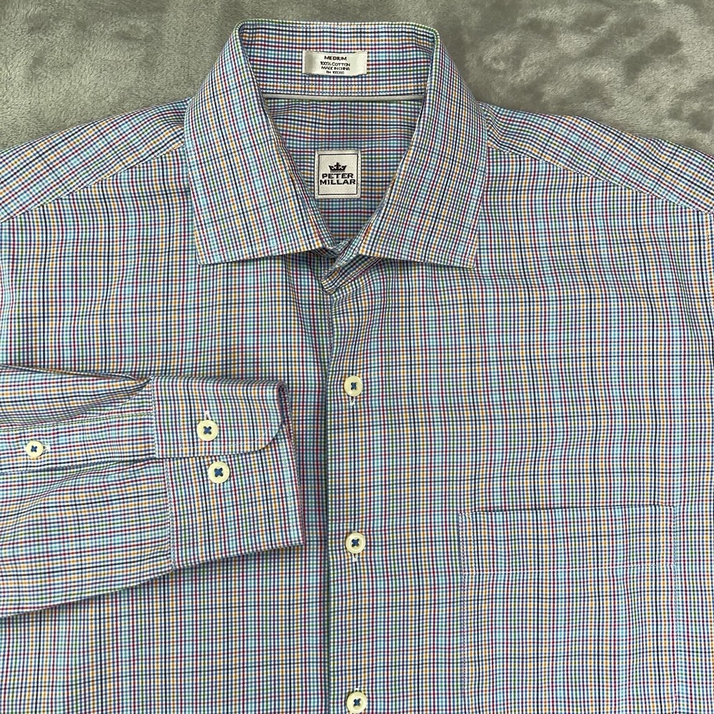 PETER MILLAR Shirt Men's Medium Button Long Sleeve Dress Colorful Check Plaid